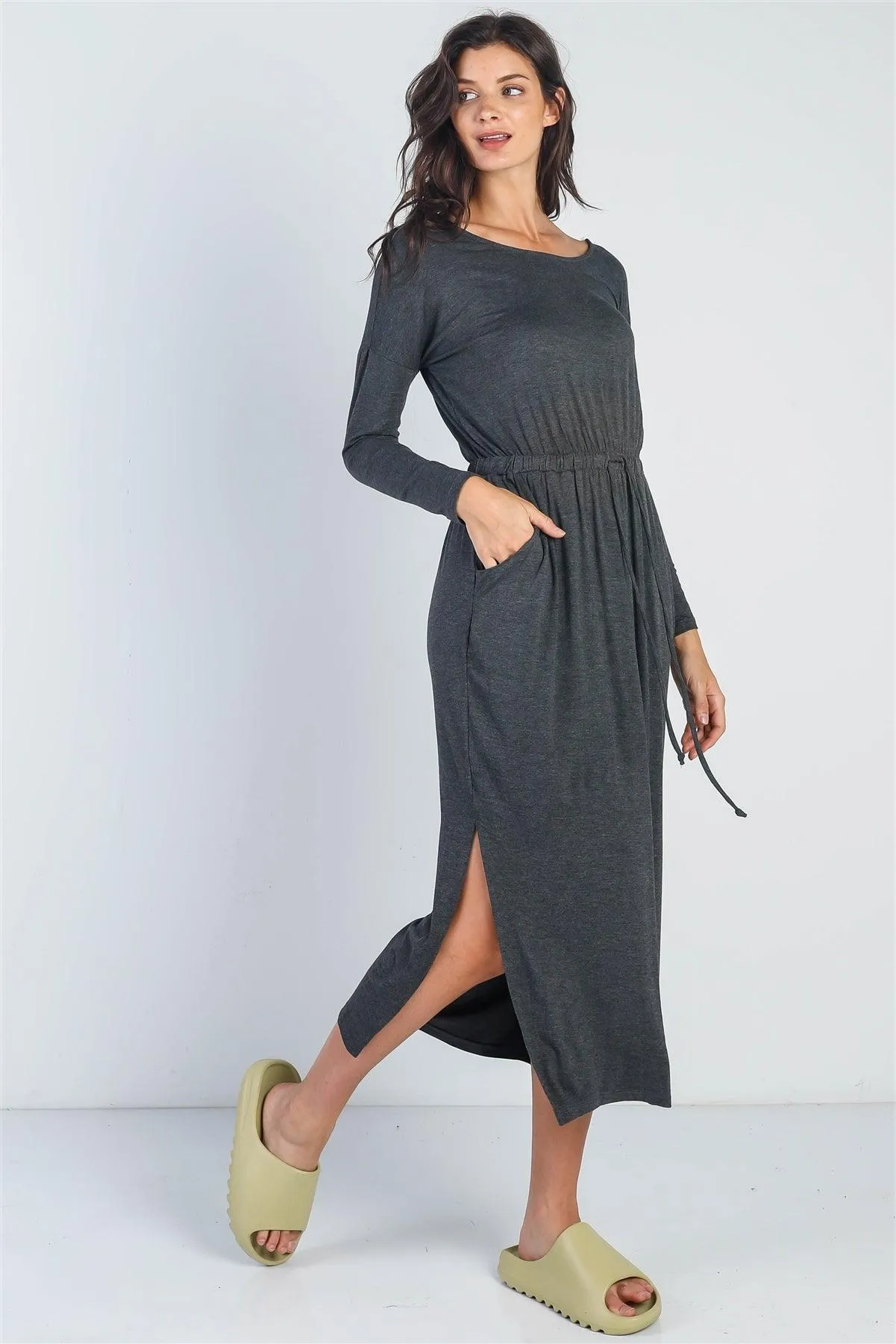 Charcoal Long Sleeve Basic Maxi Dress