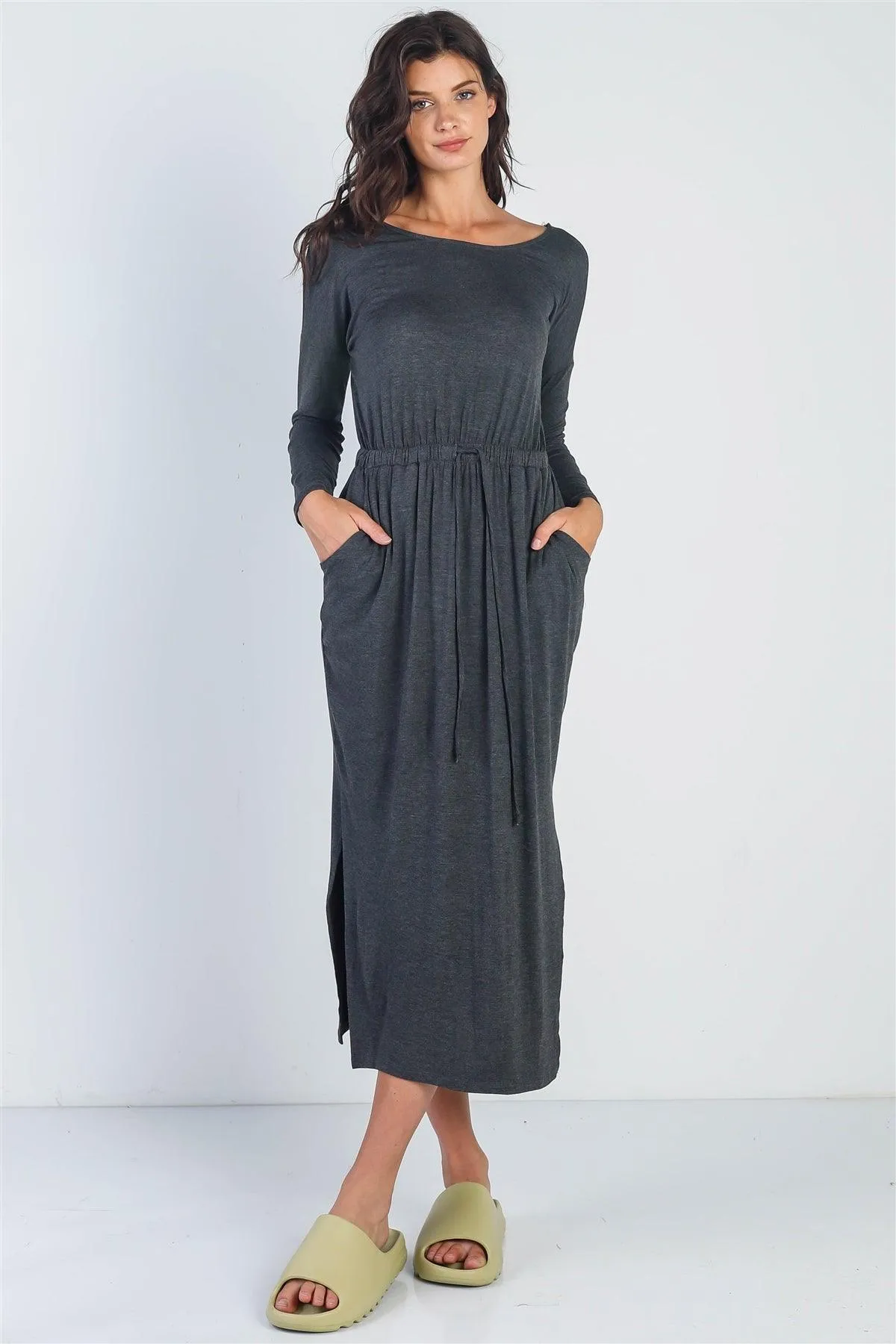 Charcoal Long Sleeve Basic Maxi Dress