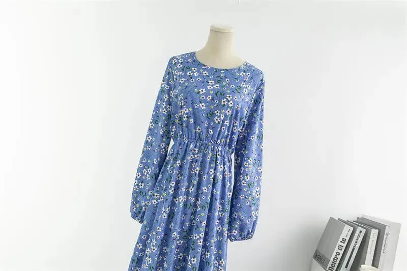 Chiffon Floral Printed Crinkling O-neck Long Sleeve Maxi Dress