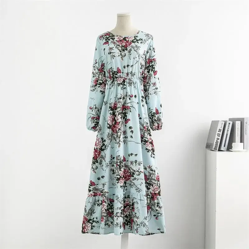 Chiffon Floral Printed Crinkling O-neck Long Sleeve Maxi Dress