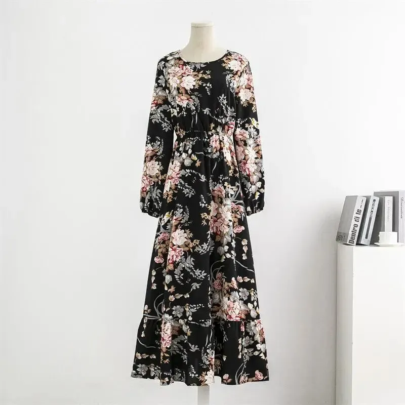 Chiffon Floral Printed Crinkling O-neck Long Sleeve Maxi Dress