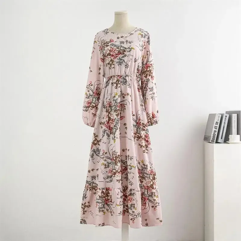 Chiffon Floral Printed Crinkling O-neck Long Sleeve Maxi Dress