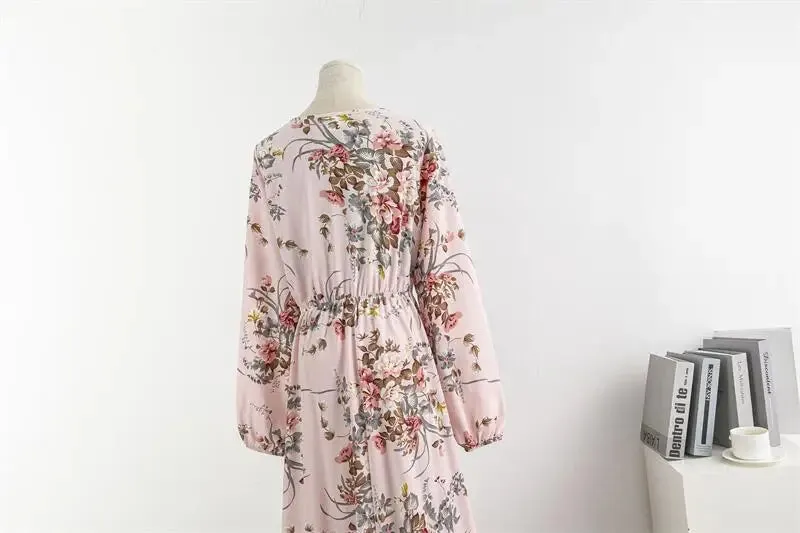 Chiffon Floral Printed Crinkling O-neck Long Sleeve Maxi Dress