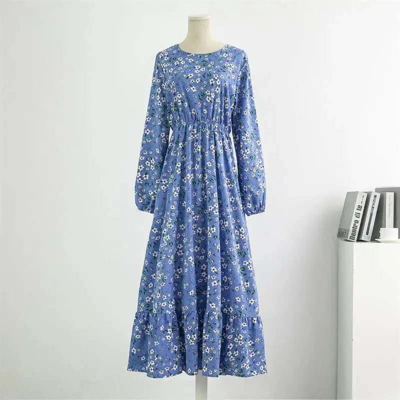 Chiffon Floral Printed Crinkling O-neck Long Sleeve Maxi Dress