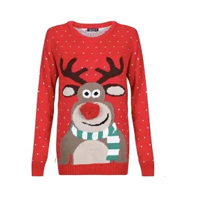 Children Knitted Rudolph Poom Poom Christmas Printed Jumper