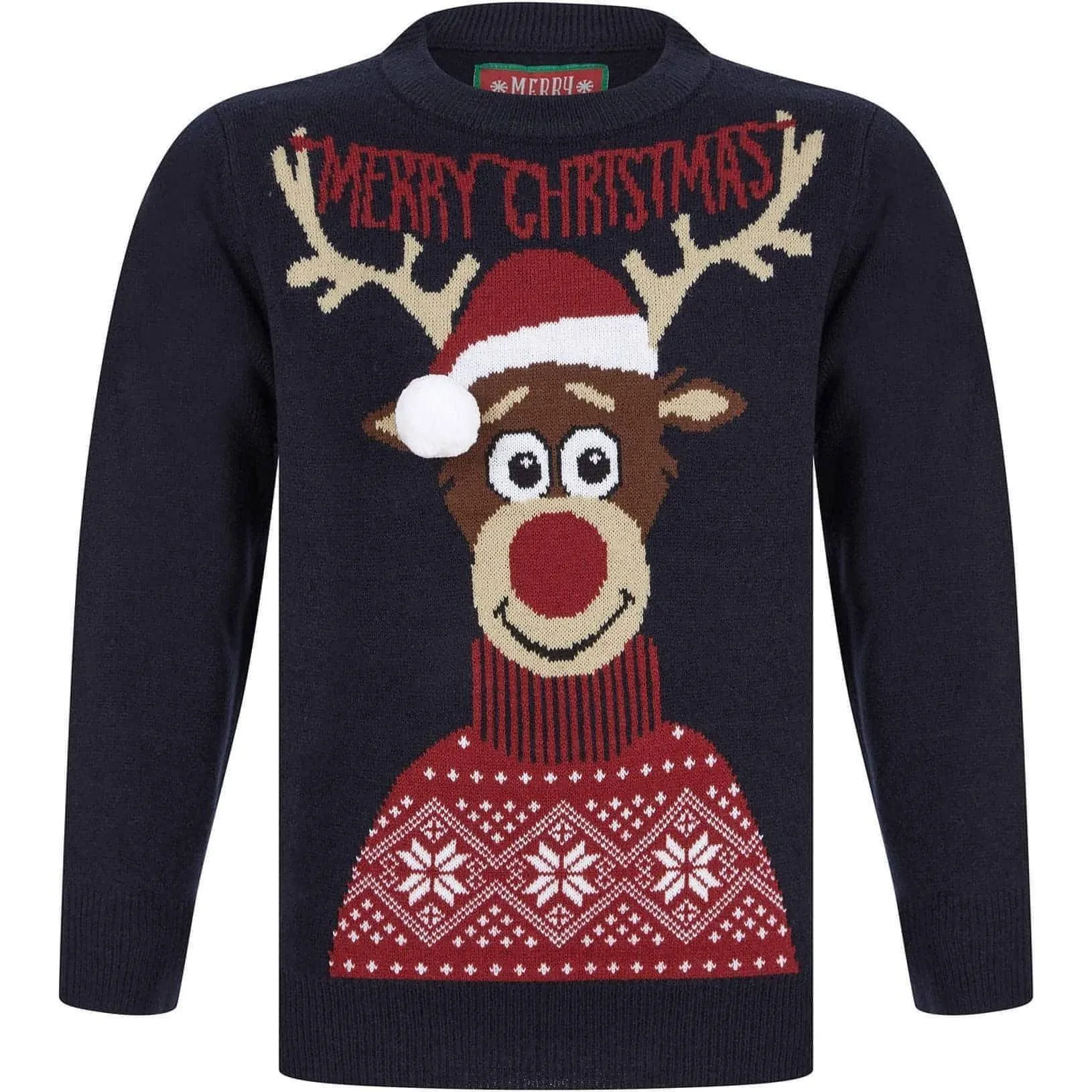 Christmas Reindeer 3D Pom Pom Junior Christmas Jumper - Navy