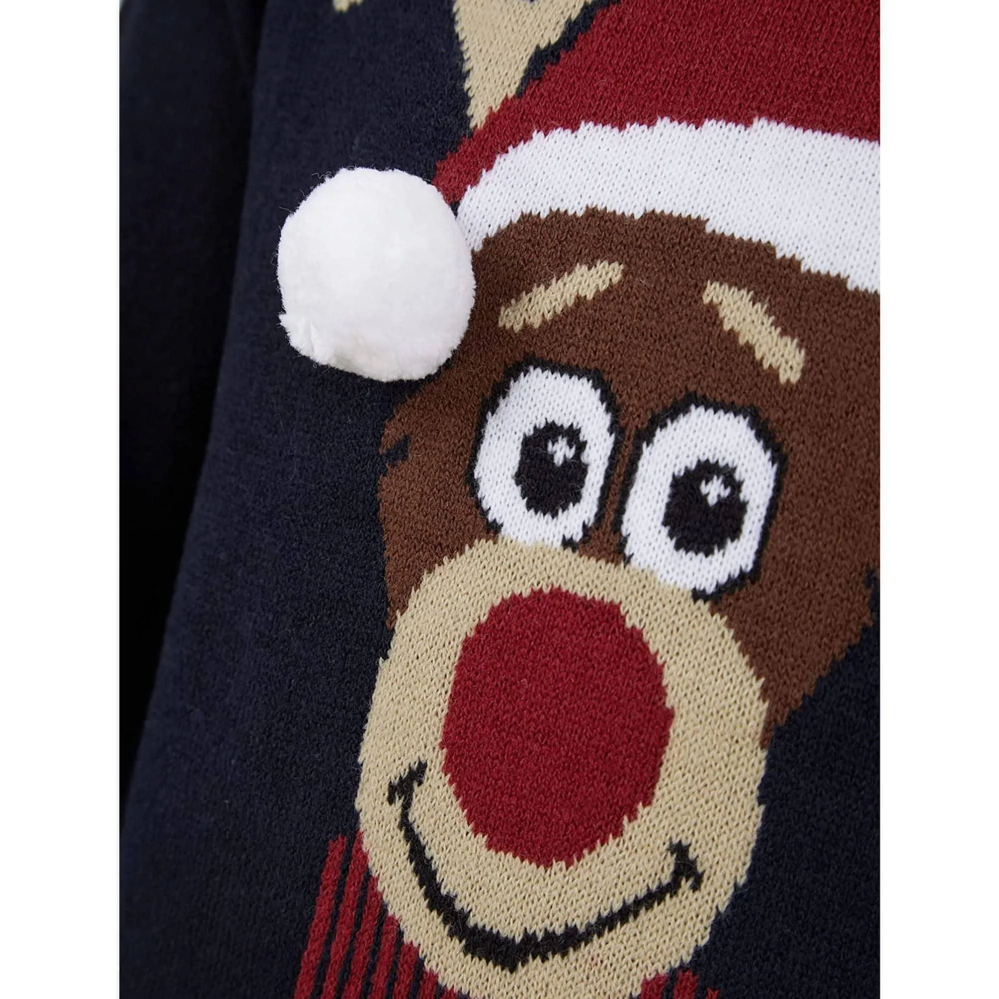 Christmas Reindeer 3D Pom Pom Junior Christmas Jumper - Navy