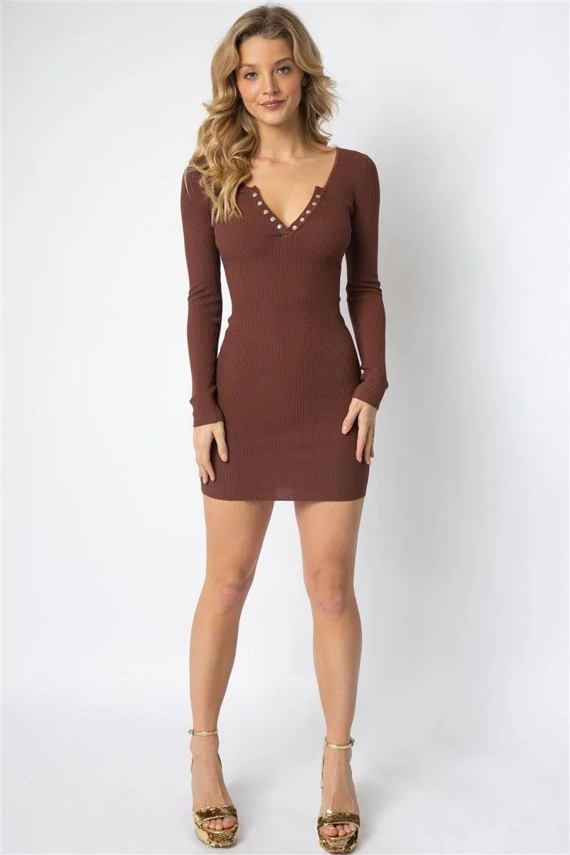 Cocoa Knit Snap Button V-Neck Mini Dress