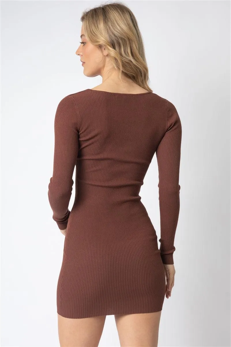 Cocoa Knit Snap Button V-Neck Mini Dress