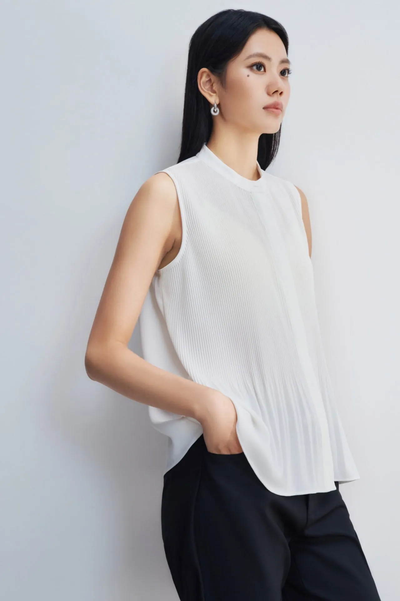 Crepe Pleated Stand Collar Blouse