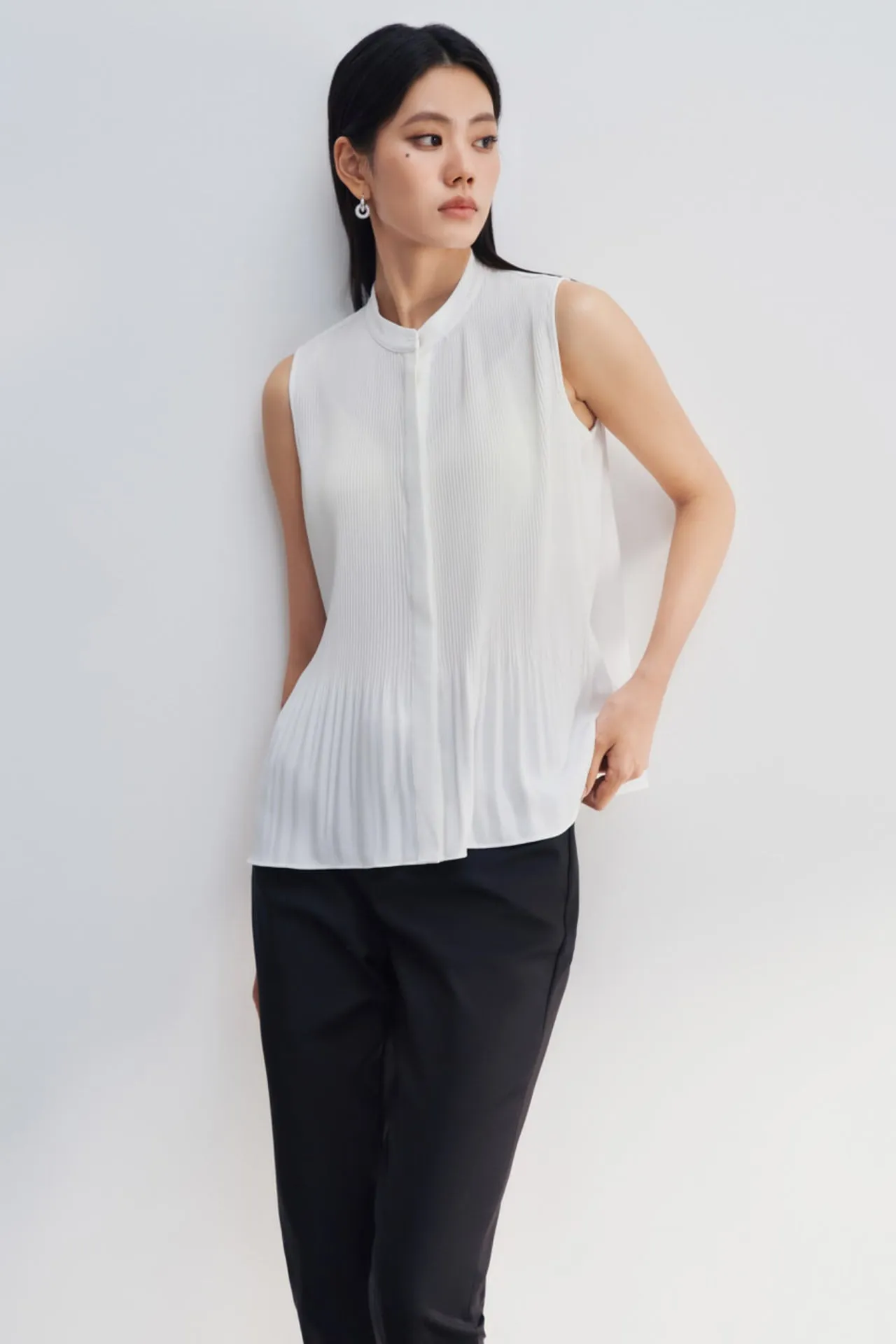 Crepe Pleated Stand Collar Blouse