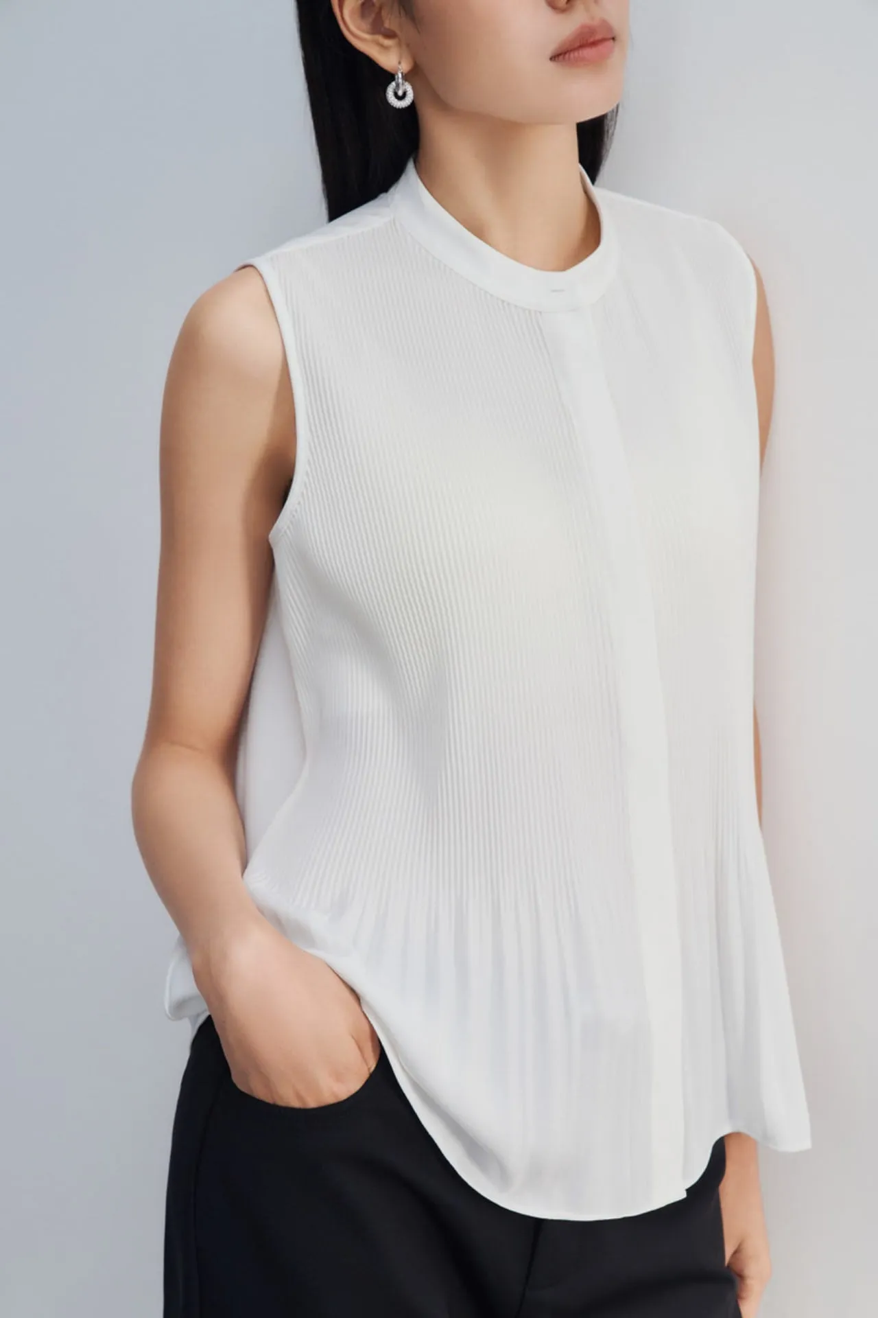 Crepe Pleated Stand Collar Blouse