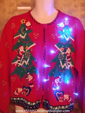 Cute Light Up Ugly Xmas Sweater with Decorating Santas