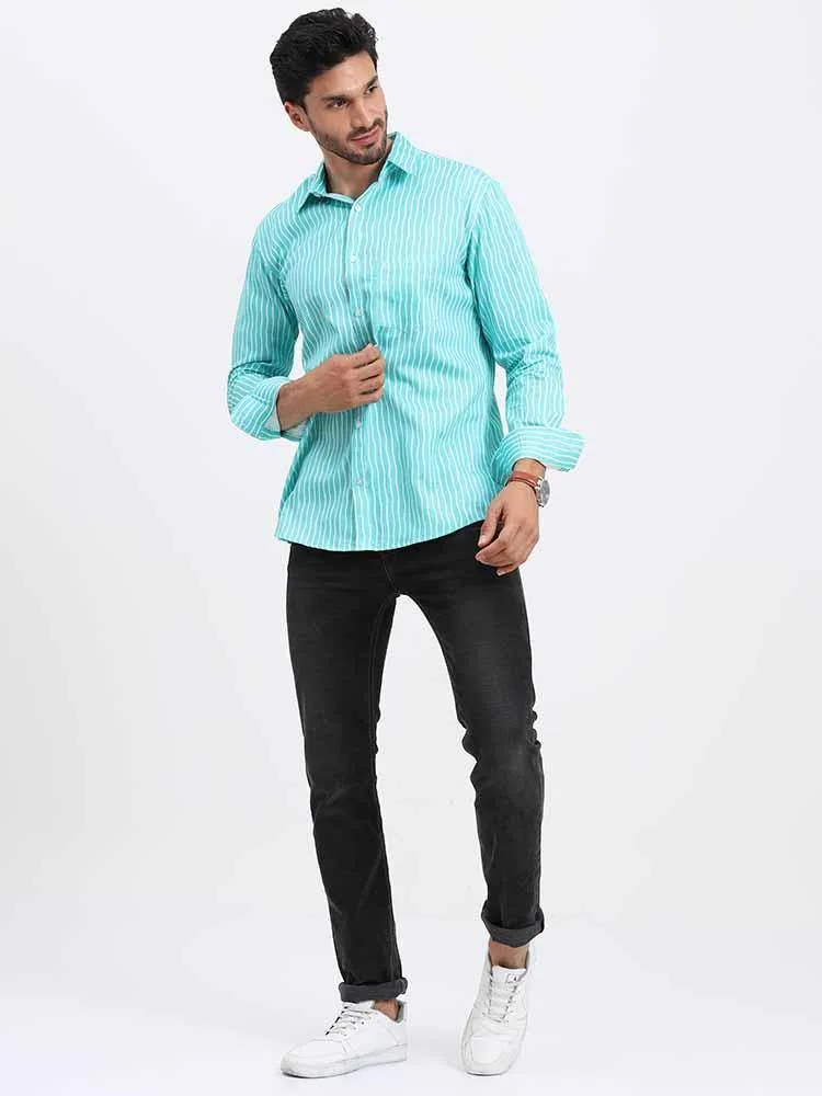 Cyan Stripe Printed Full Sleeve Shirt