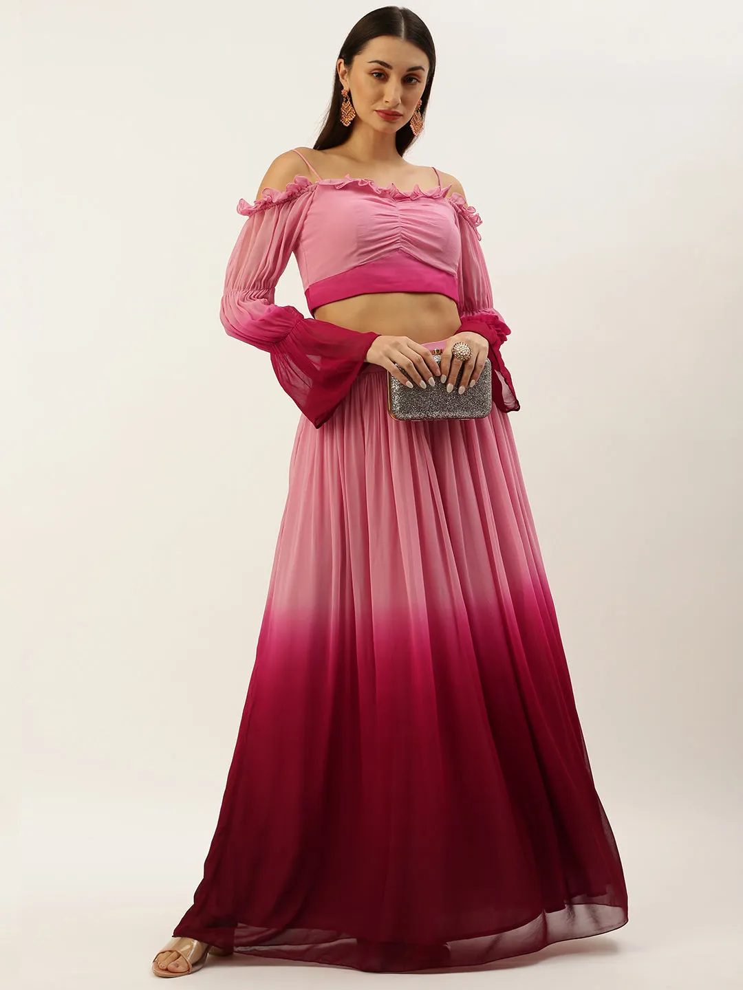 Dual Pink Ombre Skirt Set with Cold-Shoulder Sleeves