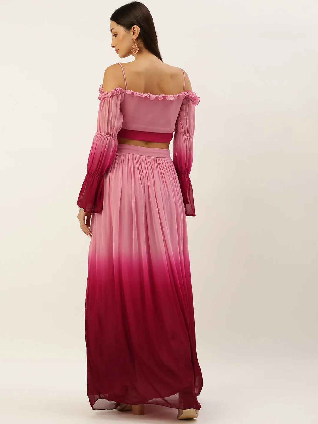 Dual Pink Ombre Skirt Set with Cold-Shoulder Sleeves