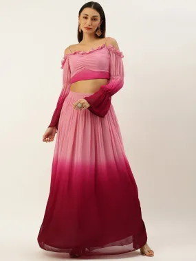 Dual Pink Ombre Skirt Set with Cold-Shoulder Sleeves