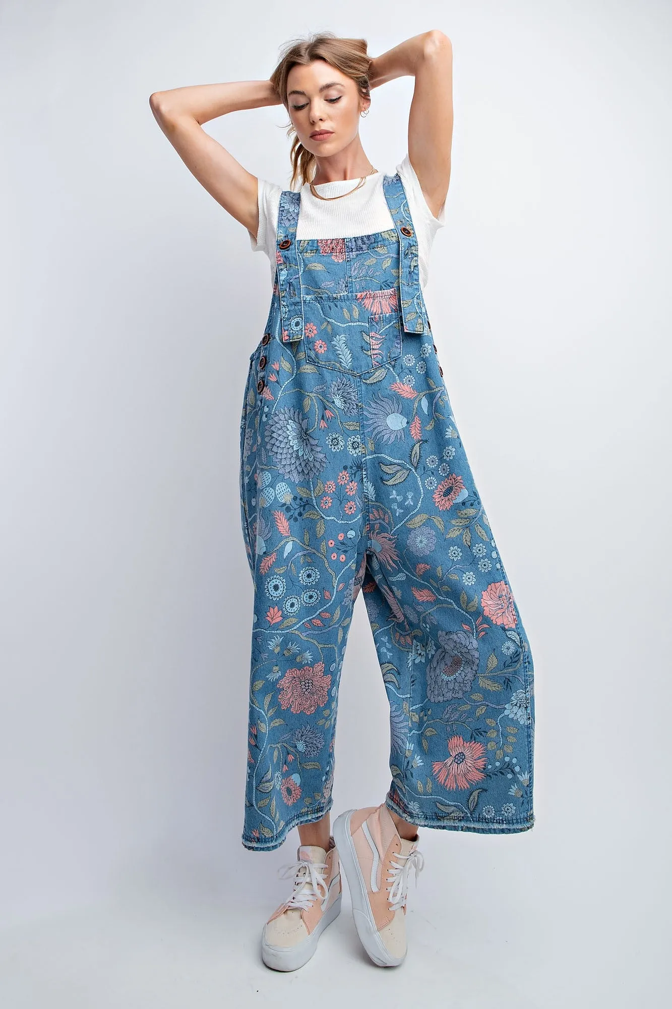 Easel Oversized Floral Print Denim Overall Jumpsuit in Washed Denim