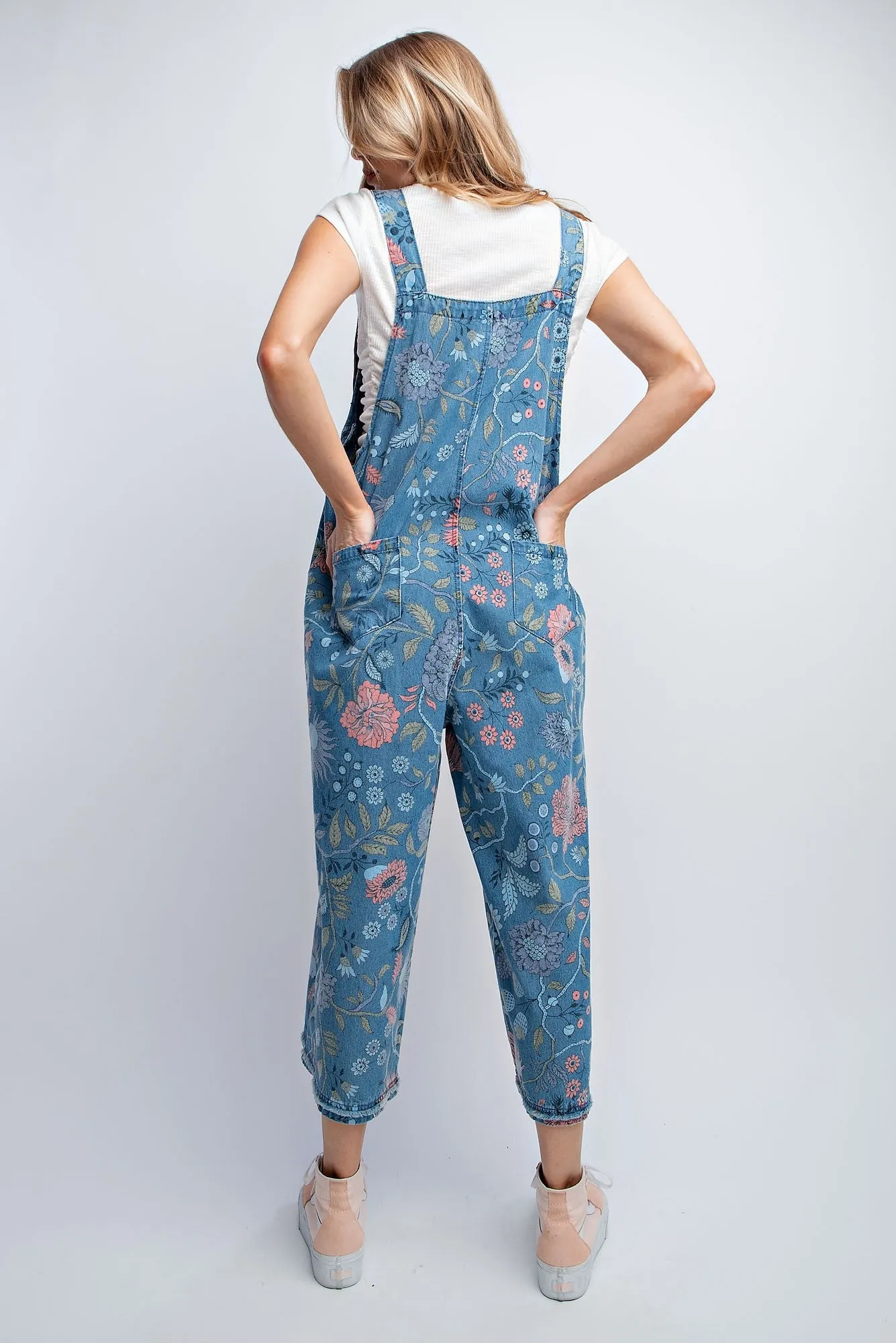 Easel Oversized Floral Print Denim Overall Jumpsuit in Washed Denim