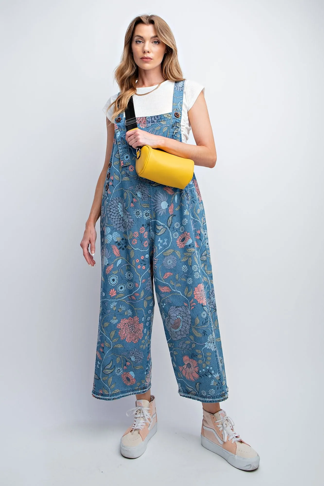 Easel Oversized Floral Print Denim Overall Jumpsuit in Washed Denim