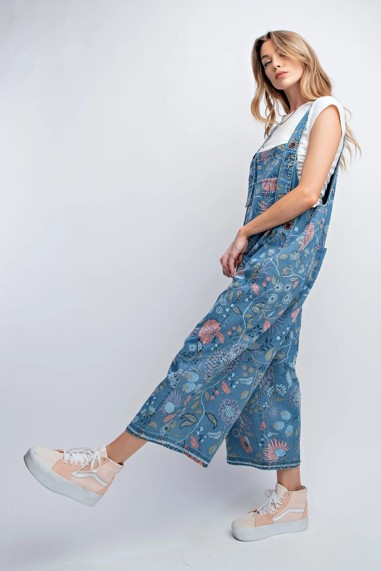 Easel Oversized Floral Print Denim Overall Jumpsuit in Washed Denim