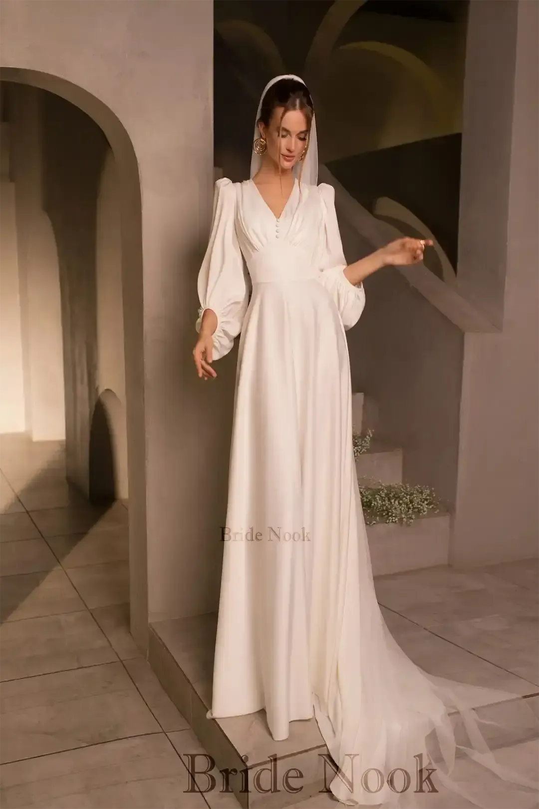 Empire Waist Long Puffy Sleeves Vintage Wedding Dress