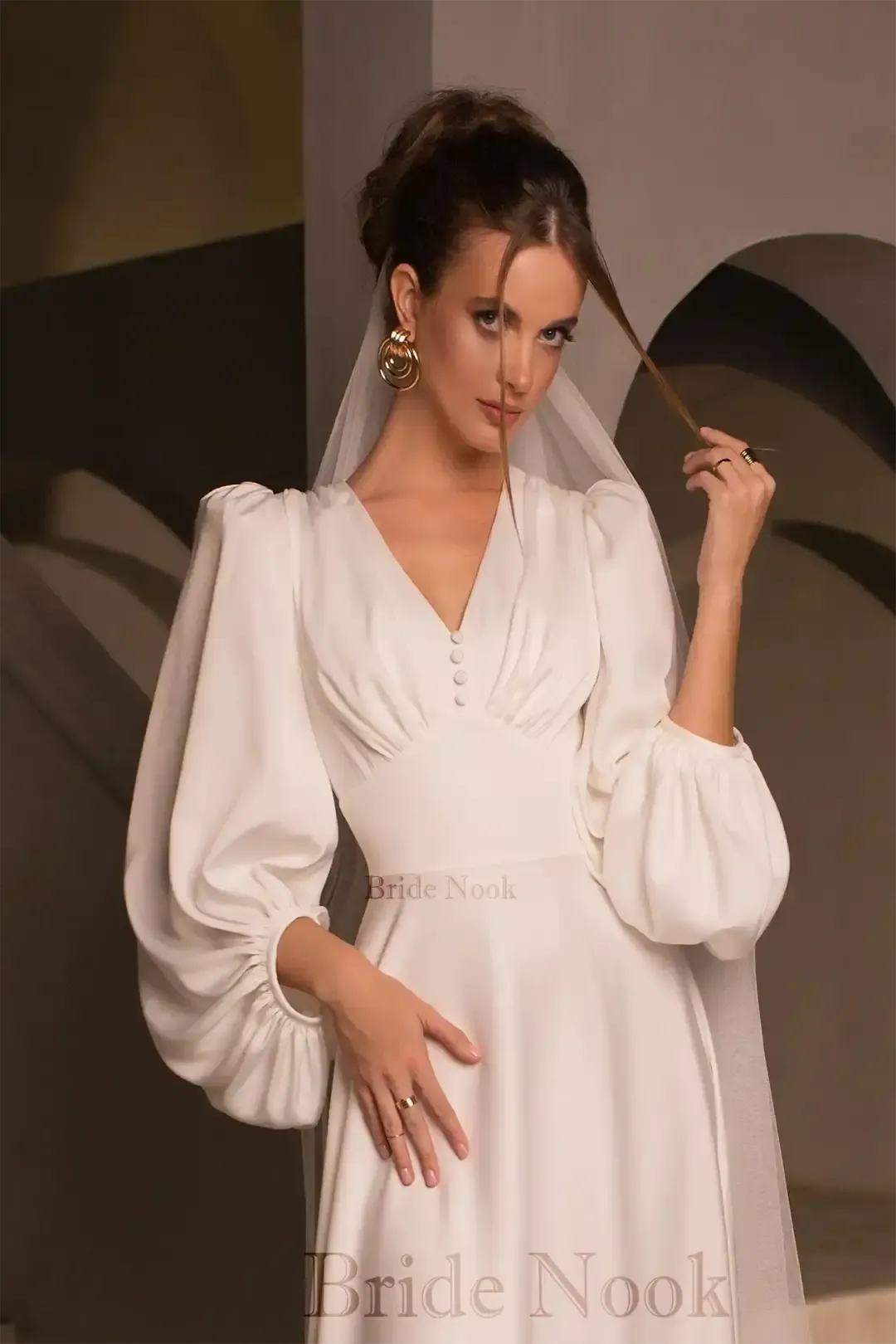 Empire Waist Long Puffy Sleeves Vintage Wedding Dress