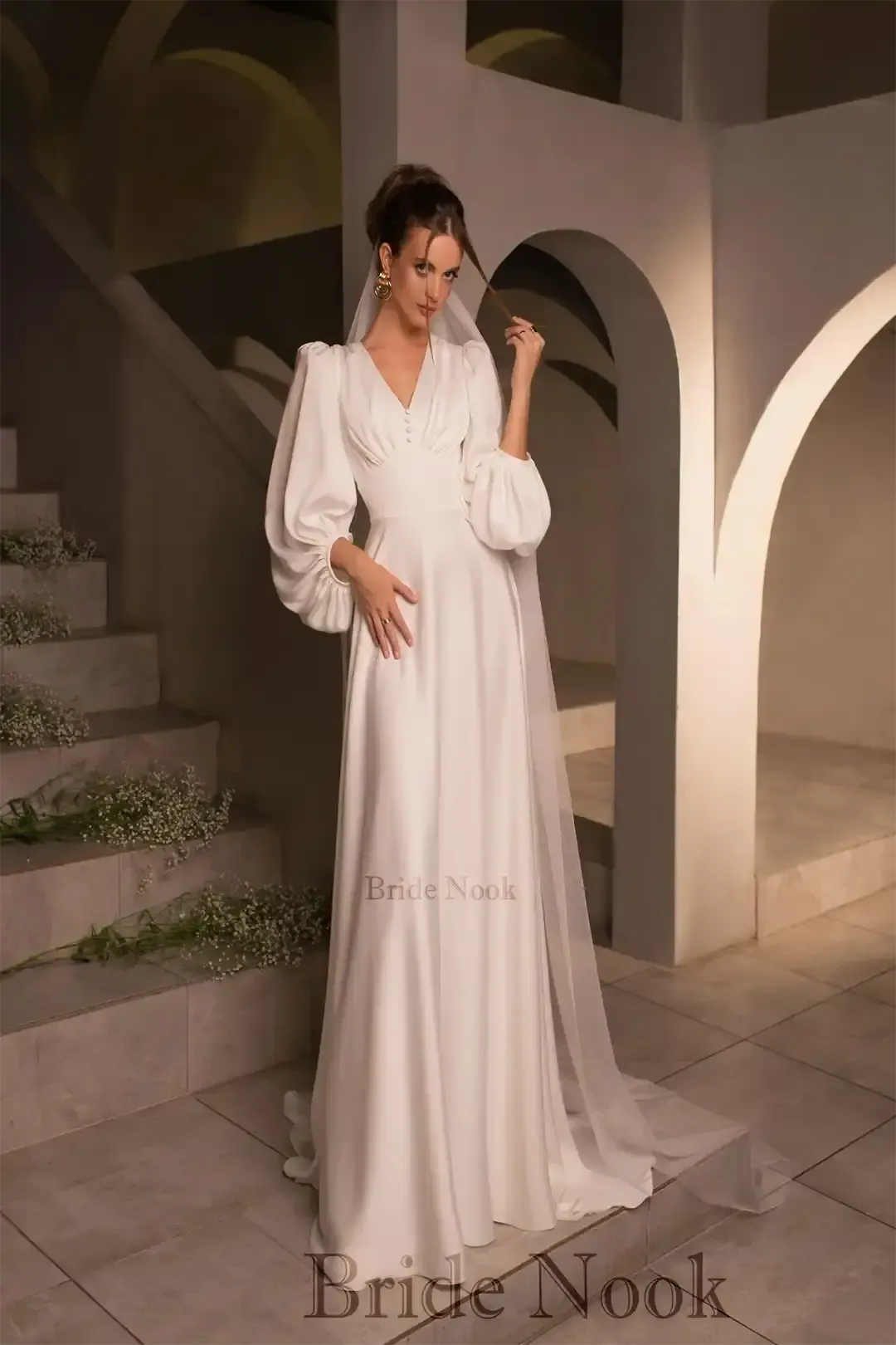 Empire Waist Long Puffy Sleeves Vintage Wedding Dress