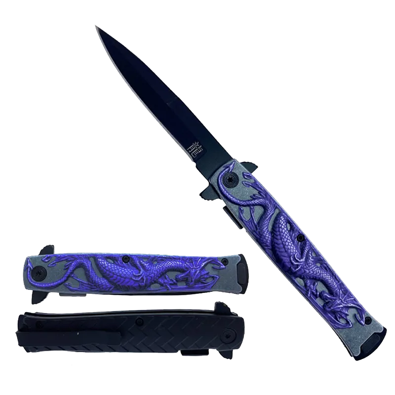 Falcon 8" Overall Spring Assisted Knife W/ Purple Dragon Handle