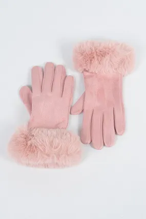 Faux Suede Gloves with Fur (Pink)