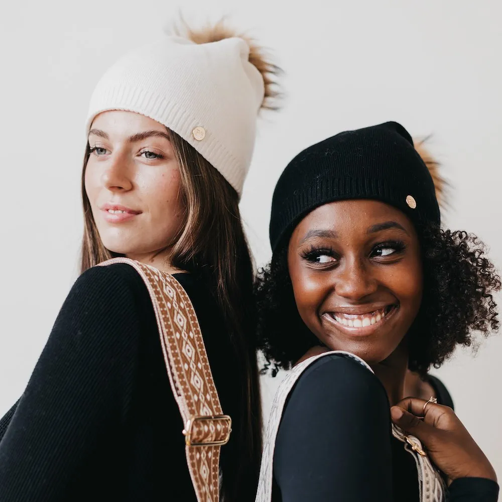 Fine Knit Fur Pom Slouchy Beanie