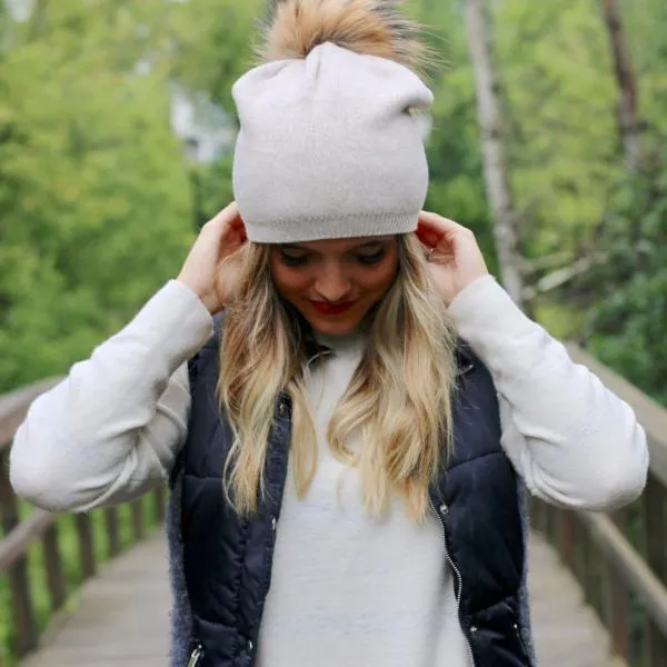 Fine Knit Fur Pom Slouchy Beanie