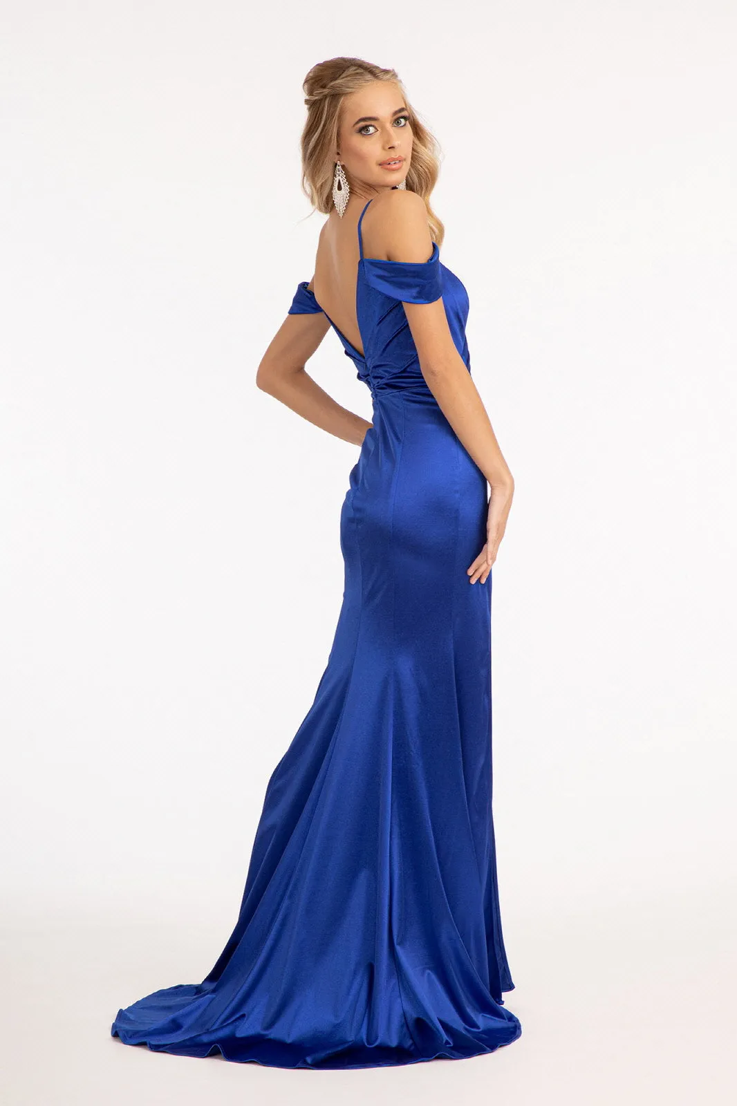 Fitted Cold Shoulder Satin Gown by Elizabeth K GL3060