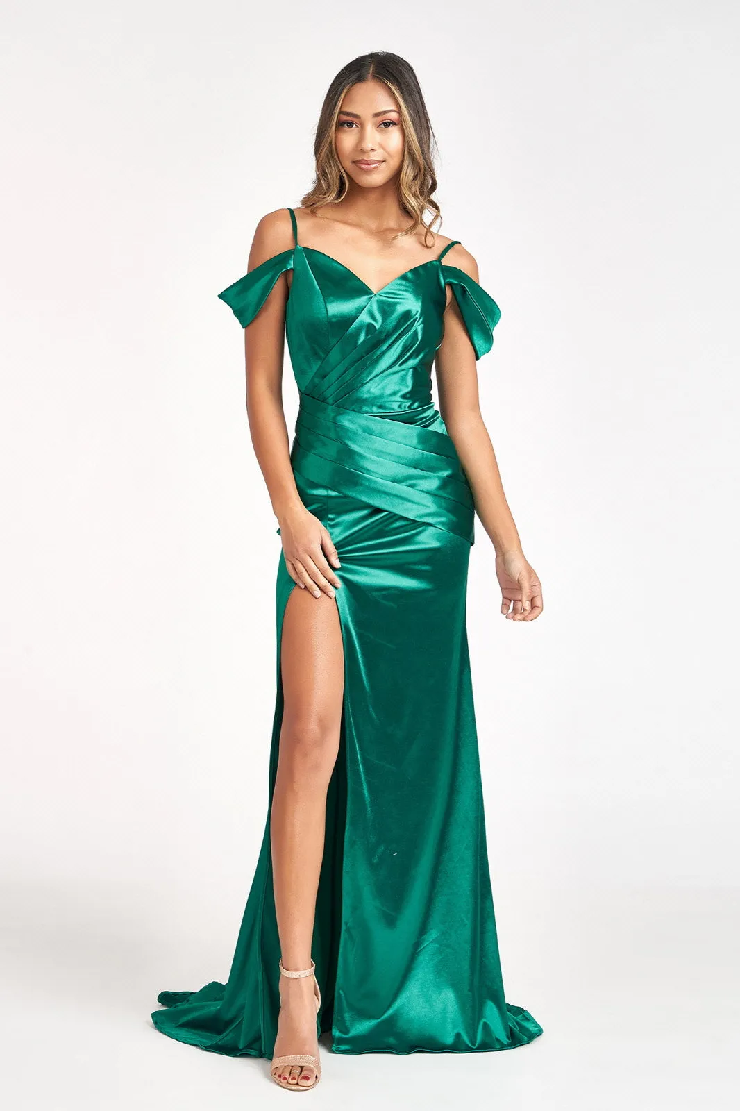 Fitted Cold Shoulder Satin Gown by Elizabeth K GL3060