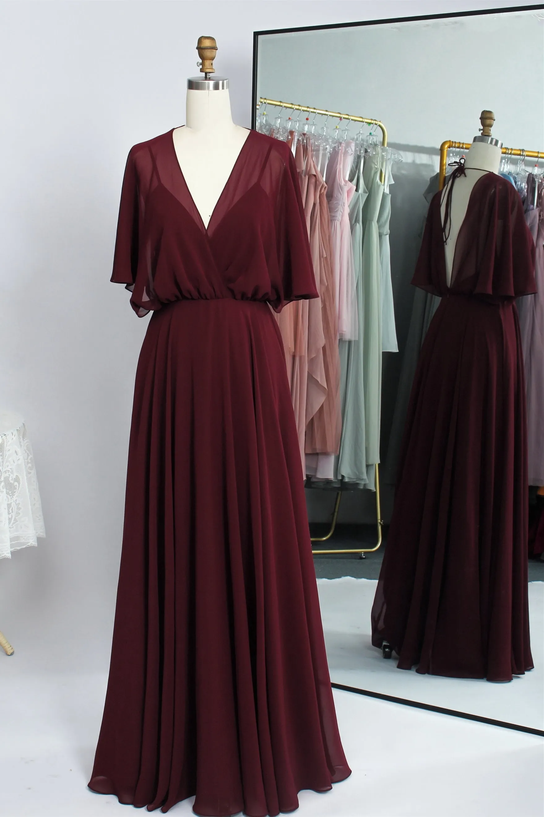 Flare Sleeves Chiffon Long Bridesmaid Dress