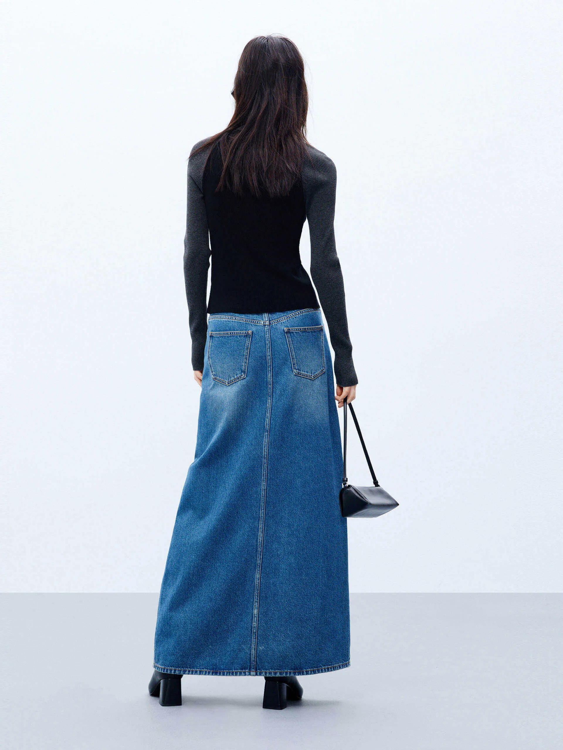 Front Slit Maxi Denim Skirt