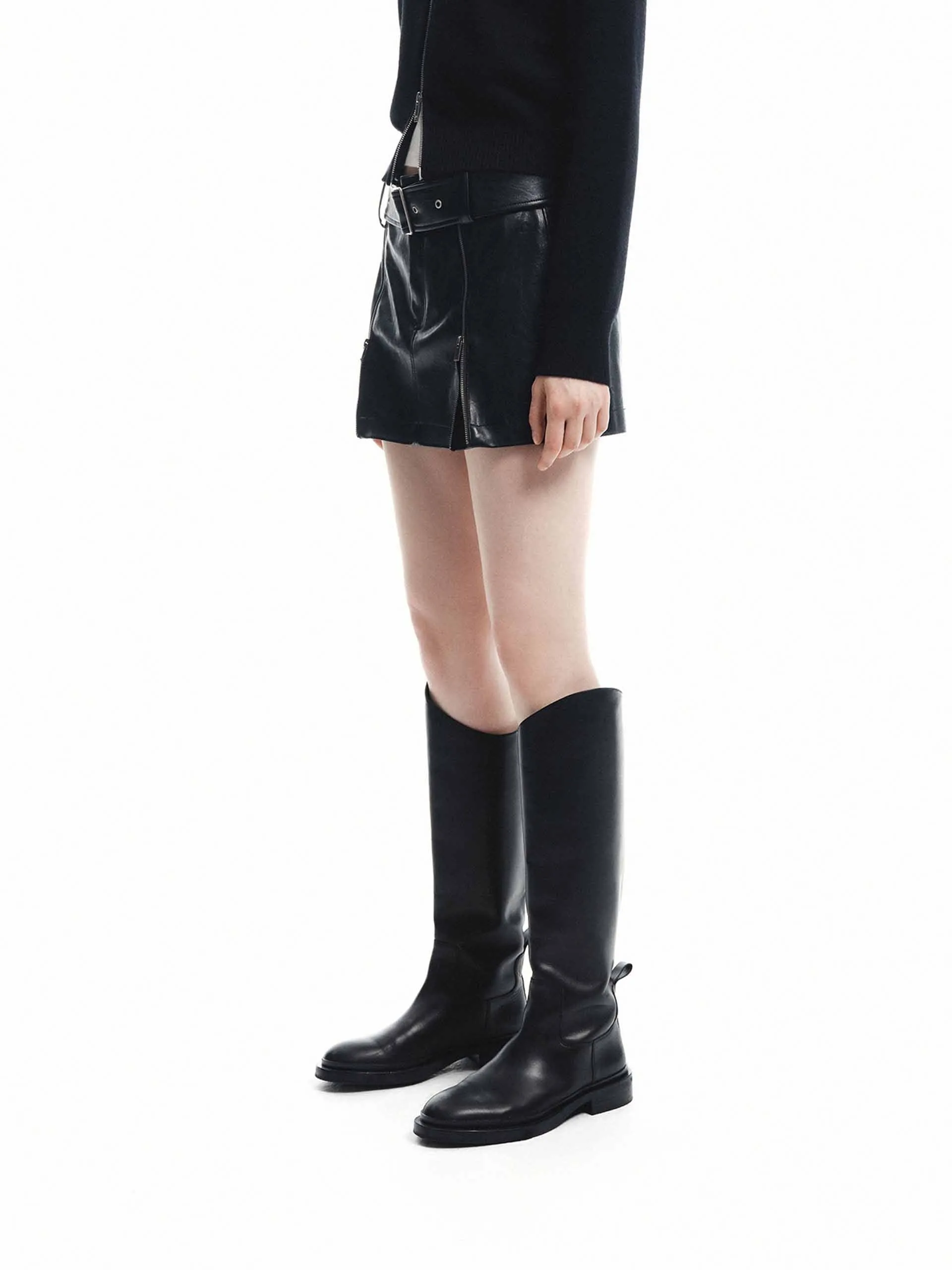 Front Zip PU Leather Skirt