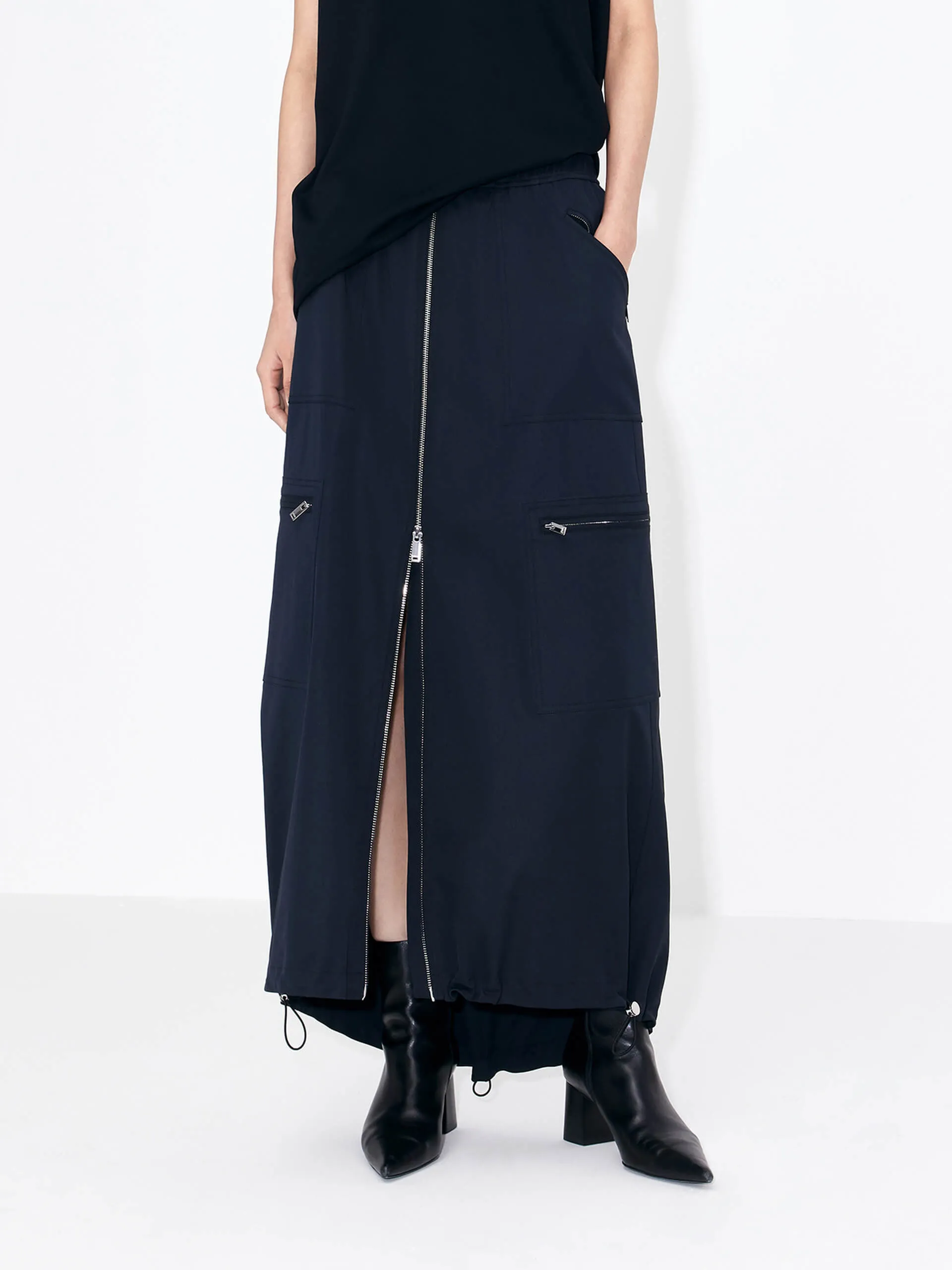 Front Zipper Elastic Waist Skirt