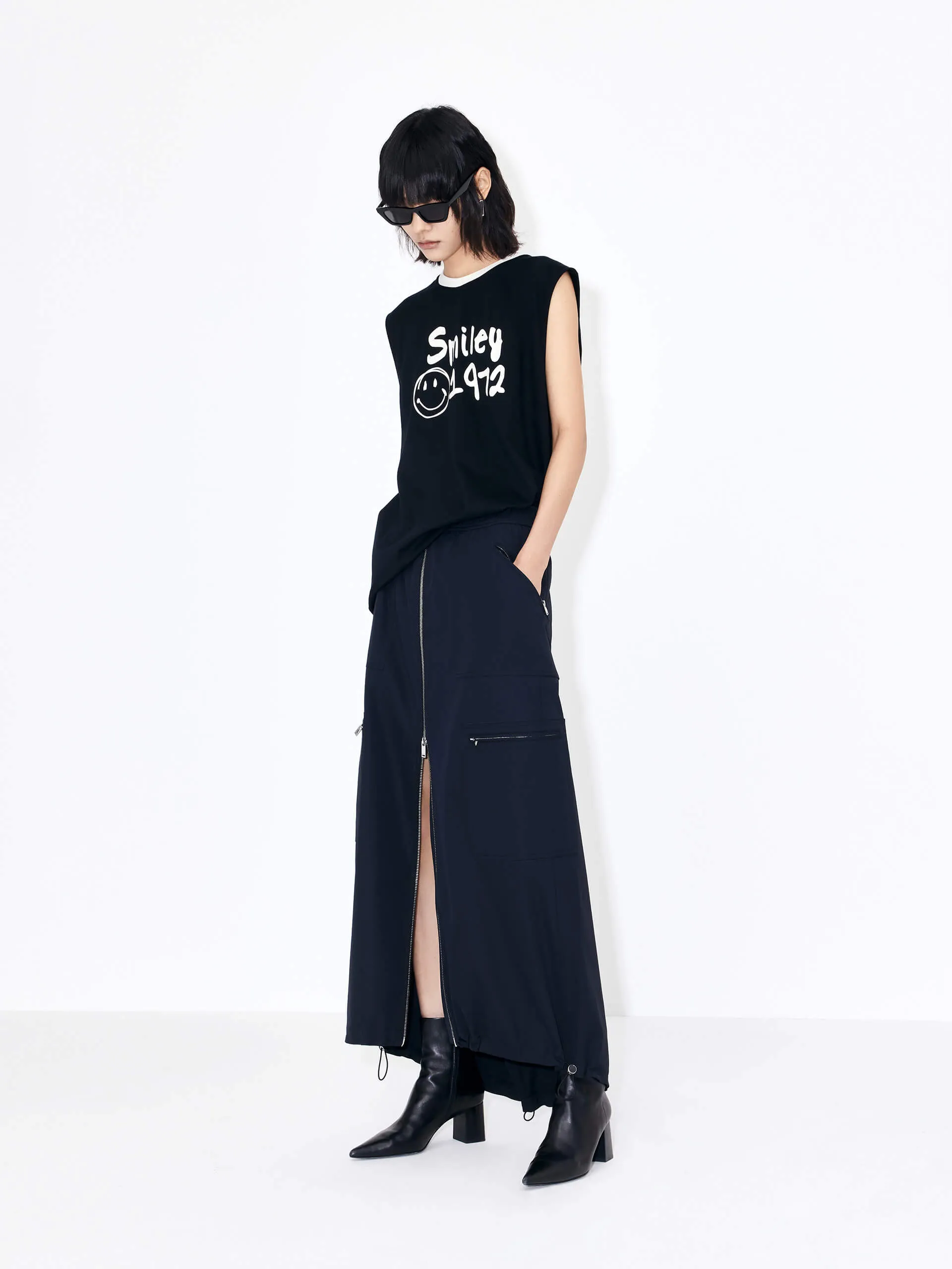 Front Zipper Elastic Waist Skirt