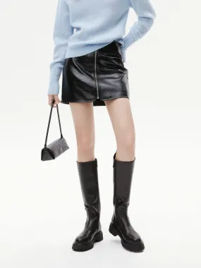 Front Zipper Leather Skirt