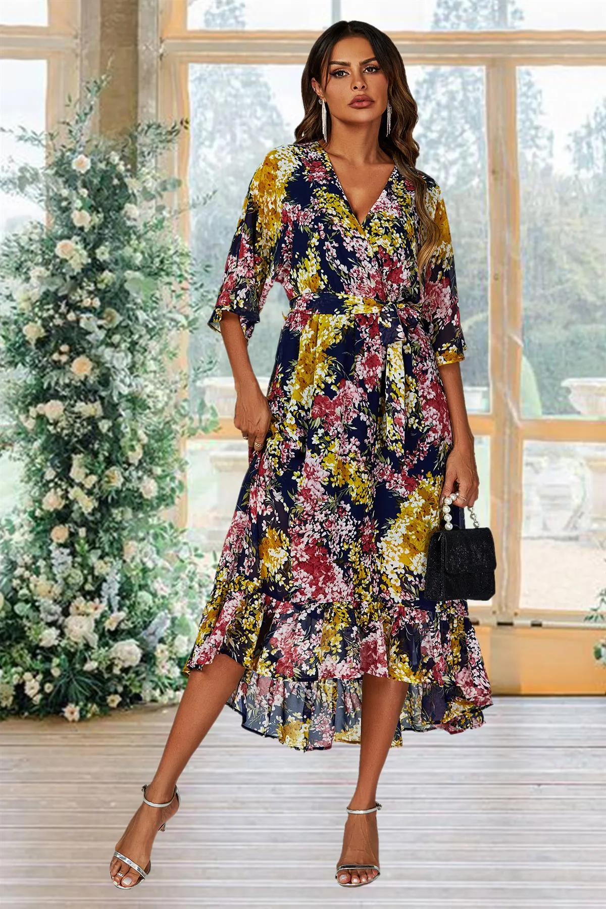 FS Collection Floral Print Wrap Top Kimono Sleeve Maxi Dress In Navy