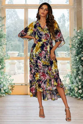 FS Collection Floral Print Wrap Top Kimono Sleeve Maxi Dress In Navy