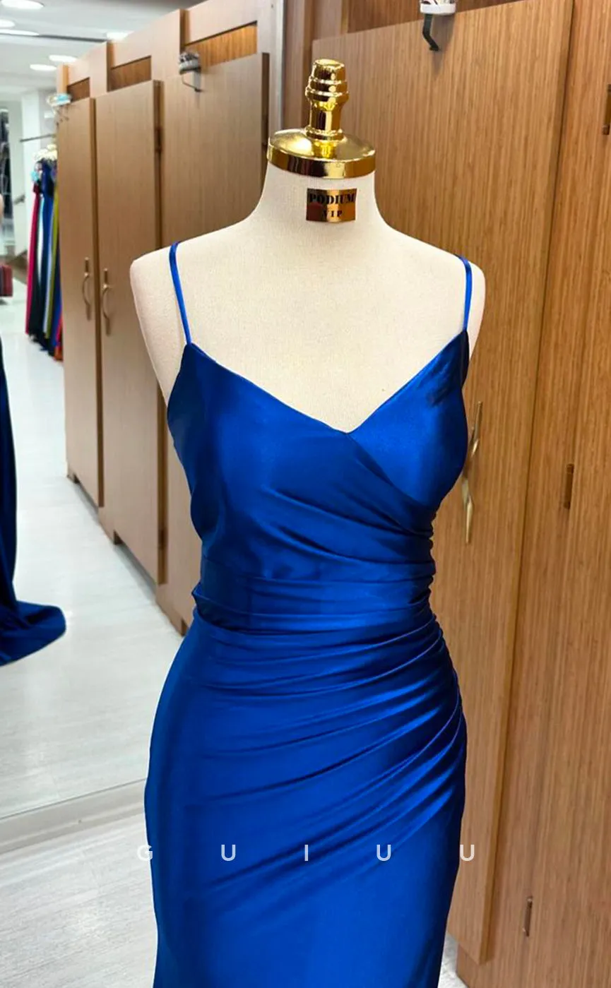 G4209 - Mermaid V Neck Straps Sleeveless Dark Blue Stain Pleated Criss-Cross Straps Long Prom Dress