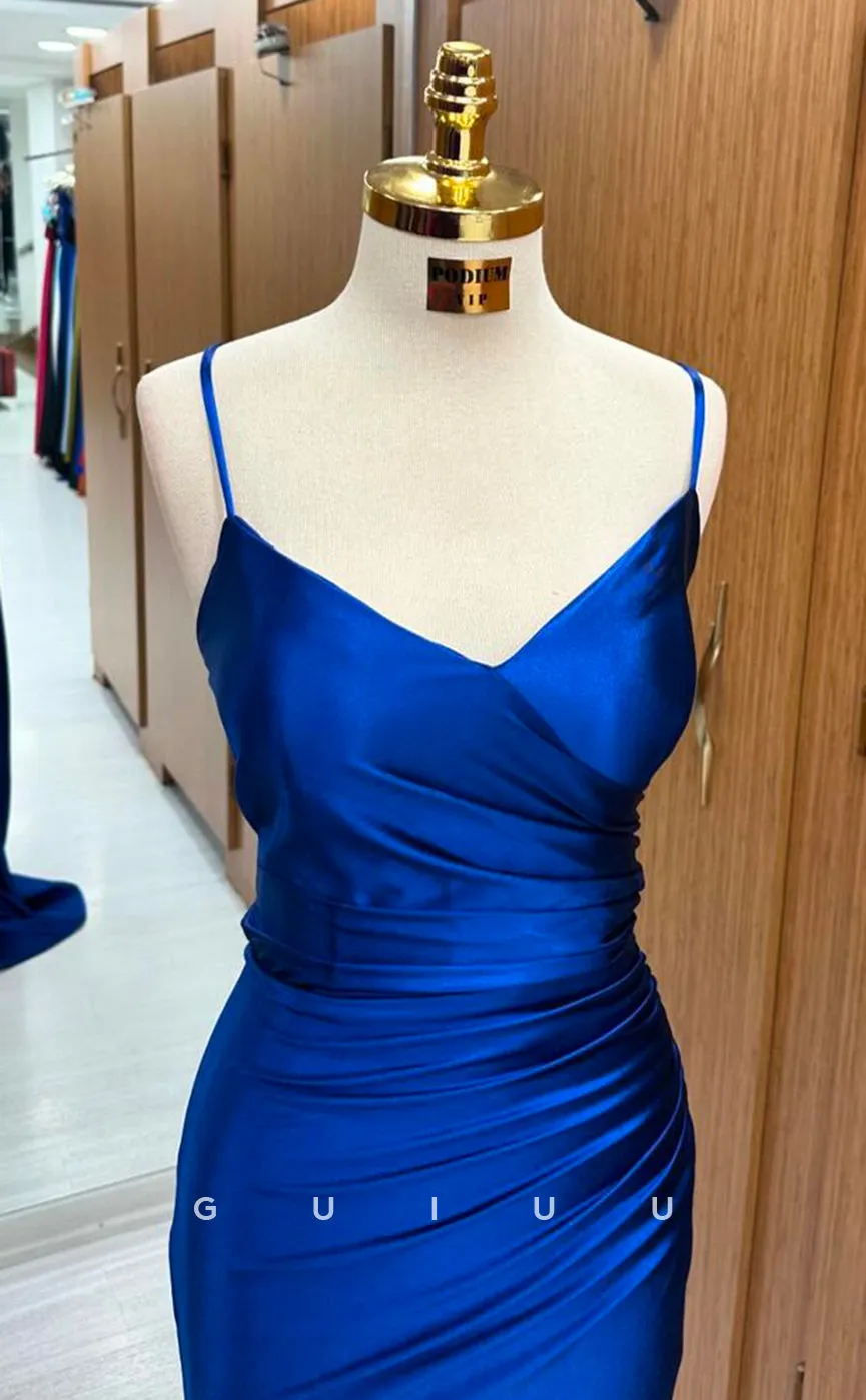 G4209 - Mermaid V Neck Straps Sleeveless Dark Blue Stain Pleated Criss-Cross Straps Long Prom Dress