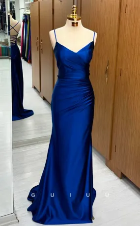 G4209 - Mermaid V Neck Straps Sleeveless Dark Blue Stain Pleated Criss-Cross Straps Long Prom Dress