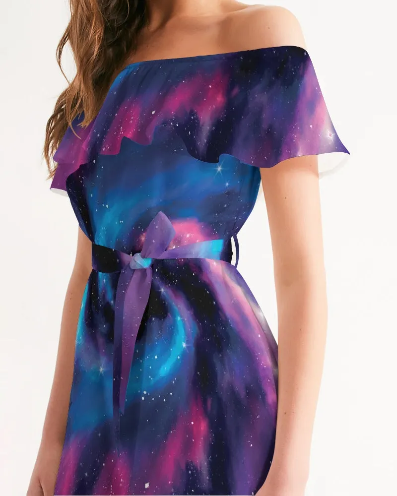 Galaxy Space Women's Off-Shoulder Dress, Nebula Universe Constellation Cocktail Mini Cute Handmade Designer Short Sleeve Ruffle with Belt