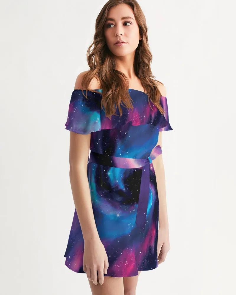 Galaxy Space Women's Off-Shoulder Dress, Nebula Universe Constellation Cocktail Mini Cute Handmade Designer Short Sleeve Ruffle with Belt