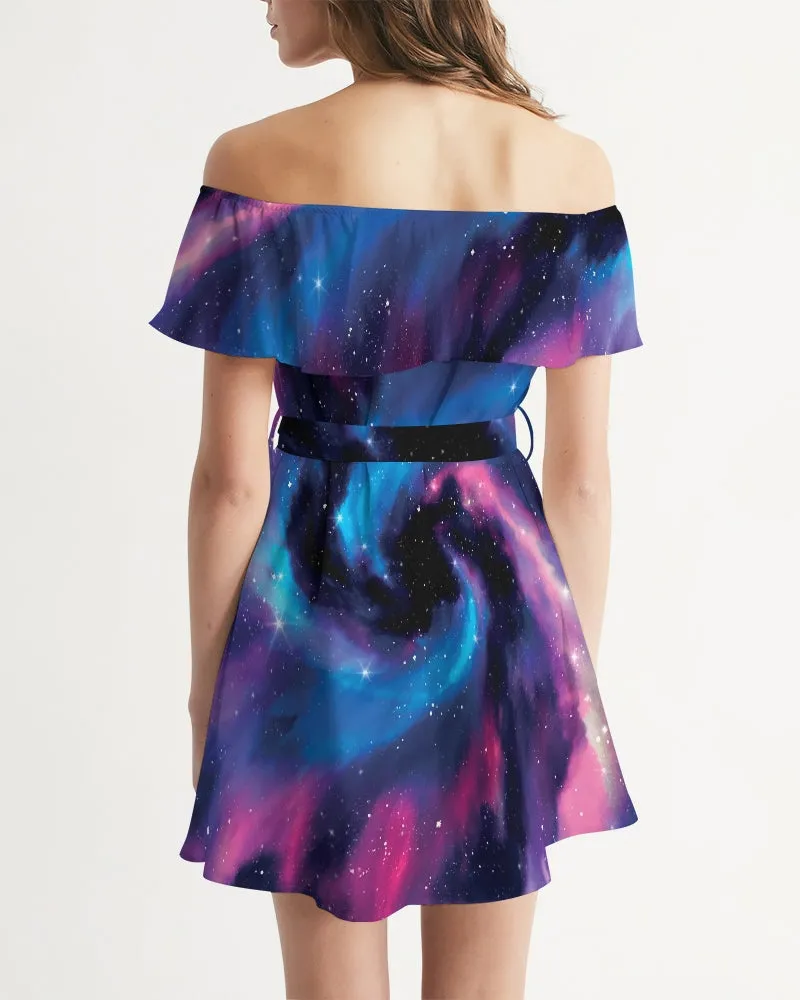 Galaxy Space Women's Off-Shoulder Dress, Nebula Universe Constellation Cocktail Mini Cute Handmade Designer Short Sleeve Ruffle with Belt