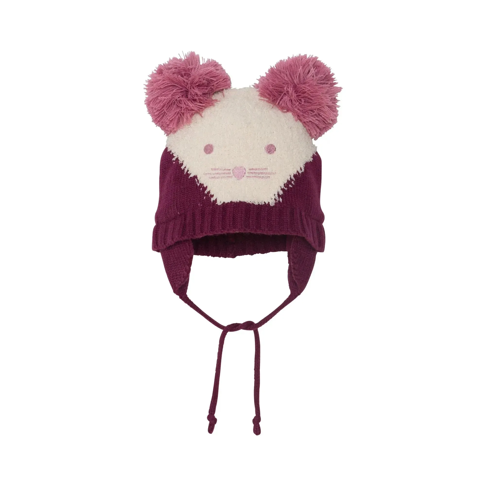 Girls' Animal Face Earflap Knit Hat Burgundy And White | DEUX PAR DEUX