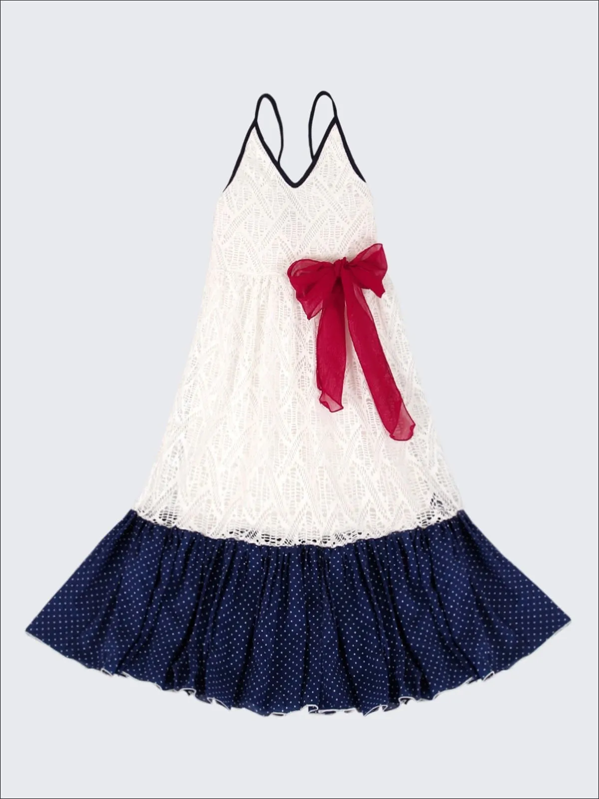 Girls Ivory Crochet Lace Dress with Navy Dotted Ruffle Hem